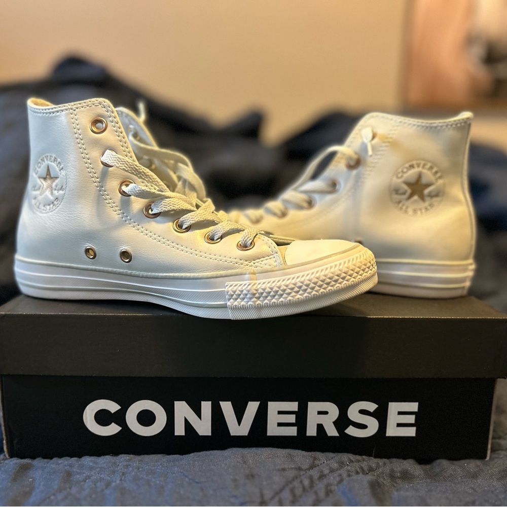 Robins egg blue faux leather high top converse